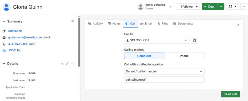 A mockup of Pipedrive's call management feature within the contact record.