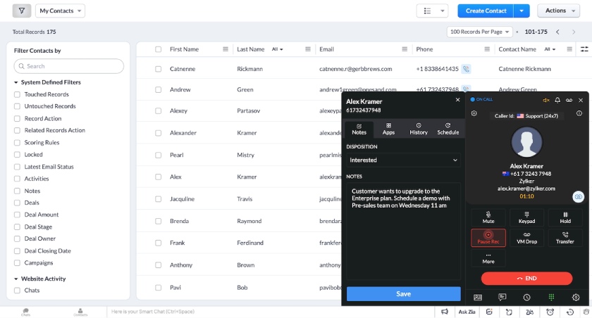 An example of Zoho CRM's contact list with a popup widget for single-click dialing using Zoho Voice integration.