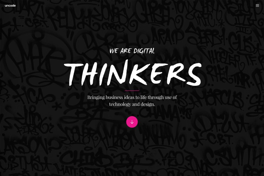 Black website background with a subtle background texture of monotone graffiti. The headline in white is "We are digital thinkers."