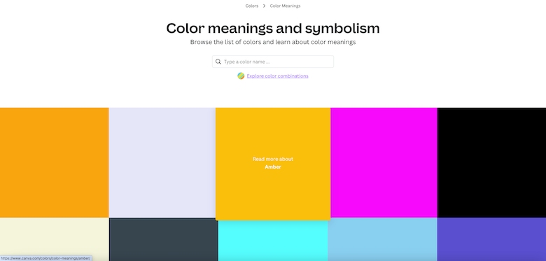 Canva’s Color Meanings main page with large swatches of color to explore: marigold, light gray, amber, fuchsia, black, pale yellow, dark gray, turquoise, blue-green-gray, and violet.