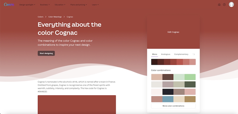 Canva’s Color Meanings page on the color Cognac with the headline, "Everything about the color Cognac."