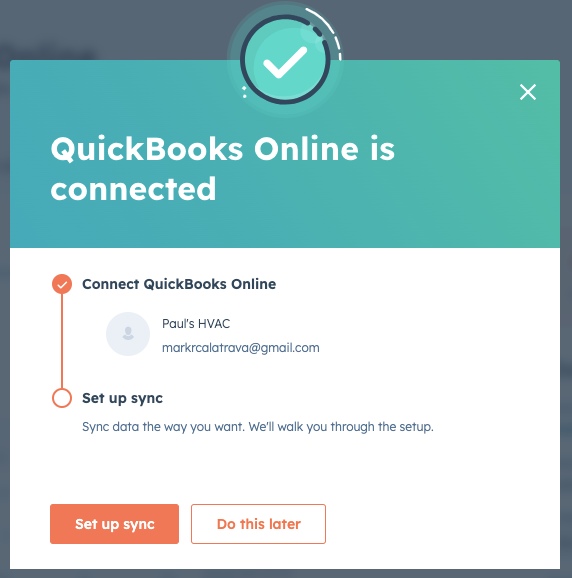 Confirmation that QuickBooks Online is successfully connected to HubSpot.