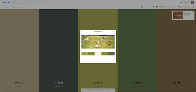 Coolors generated five color palette selected from a chosen image of goats in a pasture with beige, brick red, dark-green, bright-green, grass-green and light brown.