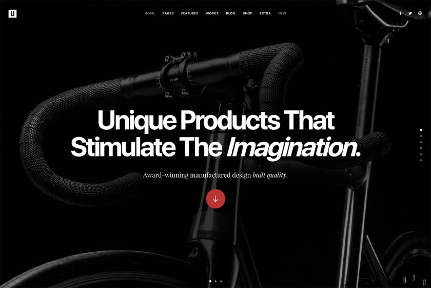 Cycling web page example in black illustrates the use of a dark photographic image of a bicycle in the background to avoid flat, pure black. The headline is "Unique Products That Stimulate The Imagination."