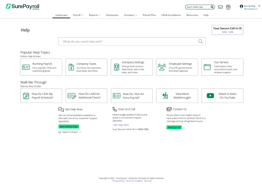 Help center buttons for topics like running payroll, taxes, and employee settings.