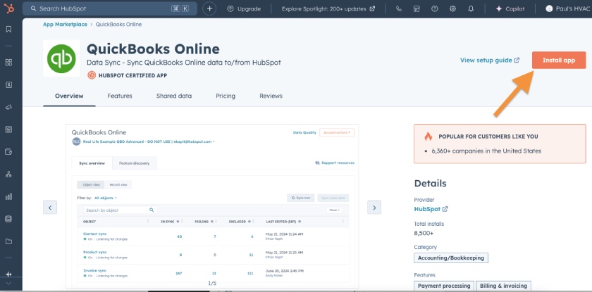 Screen showing how to initiate the integration between QuickBooks Online and HubSpot.