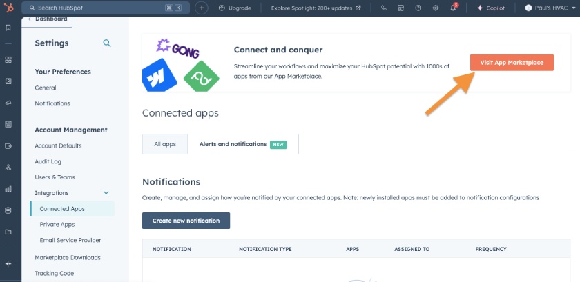 Screen showing how to navigate to the HubSpot App Marketplace.
