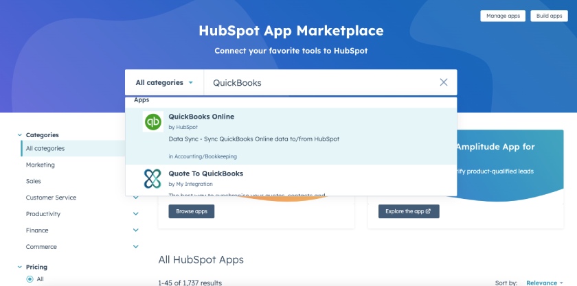 HubSpot App Marketplace highlighting QuickBooks Online.