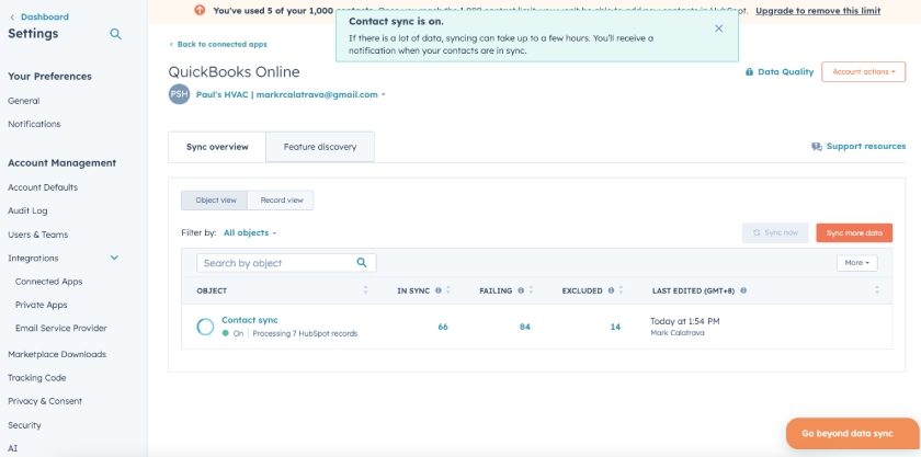 Screen in HubSpot showing successfully synced data from QuickBooks Online.