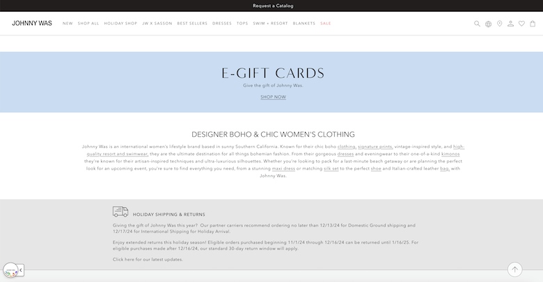 Johnny Was website homepage footer areas showing how lightly contrasting colors of light blue and light gray can visually separate different sections of content that are spaced closely together.