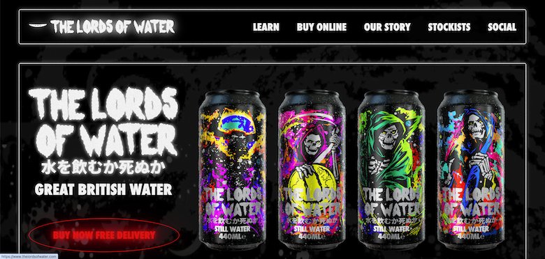 Lords of Water homepage with black background and scrawled white type showcasing found of the cans of water with images of colorful grim reaper-like characters.