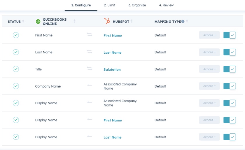 Screen showing mapped fields between QuickBooks Online and HubSpot.