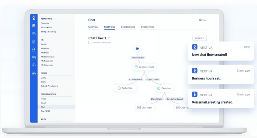 Nextiva's call flow editor on a laptop featuring business hours, voicemail greetings, and chat flows.