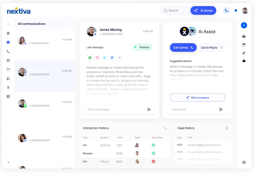 Nextiva group shared inbox featuring case and interaction history with AI assistance.
