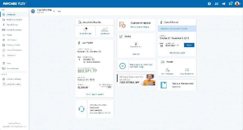 Payroll dashboard showing analytics and button for running current payroll.