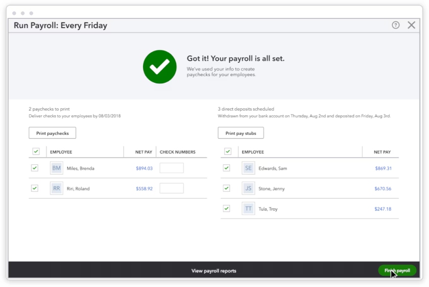 Payroll report with employee name, net pay, and box for check number.