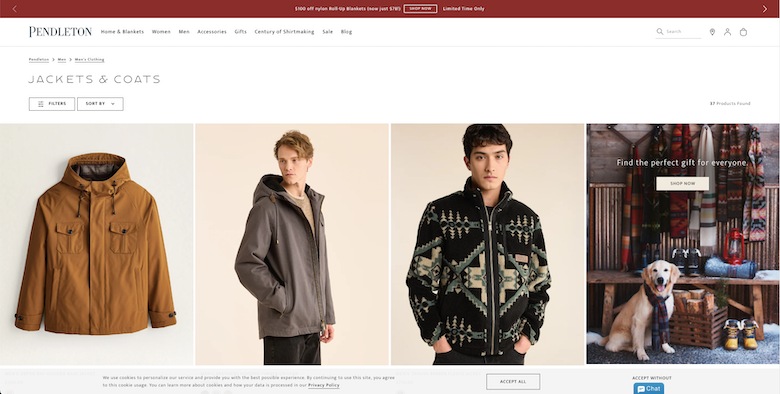 Pendleton website home page showing 4 product photography blocks on white background. All images are backed by a subtle tint of blue or beige except a photo of a golden retriever in a cabin mudroom with scarves.