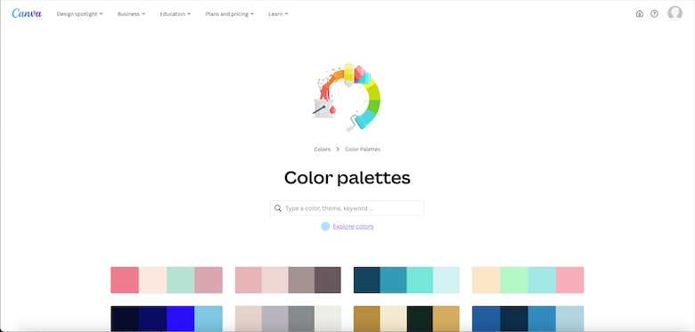 The Canva Colors home page showing tiles to select the four main tools: the color palette generator, color palette ideas, color wheel, and color meanings.