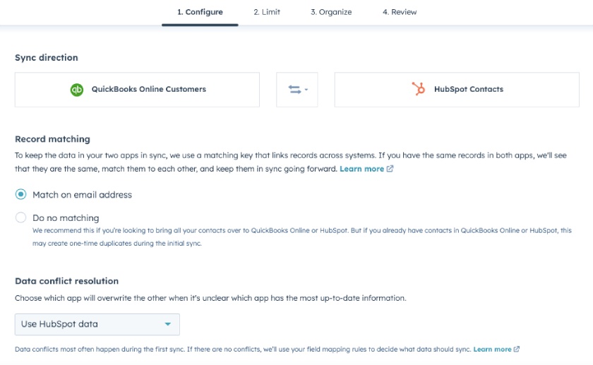 Screen where you can configure your data before syncing between QuickBooks Online and HubSpot.