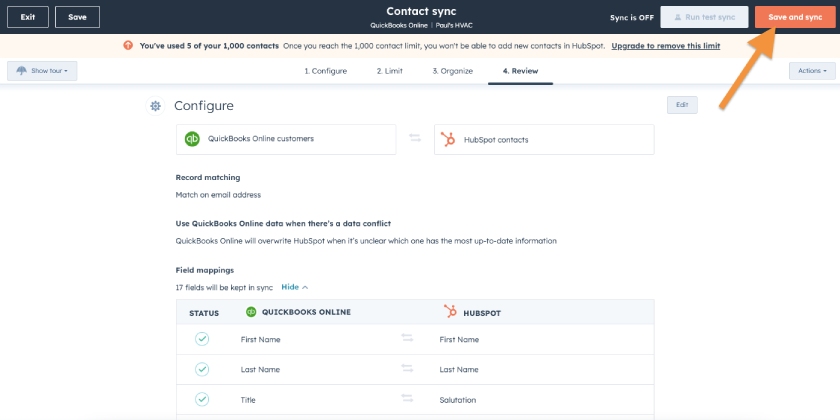 Screen where you can finalize and review your data before syncing between QuickBooks Online and HubSpot.