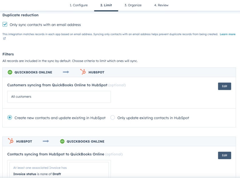 Screen where you can limit the data you want to sync between QuickBooks Online and HubSpot.