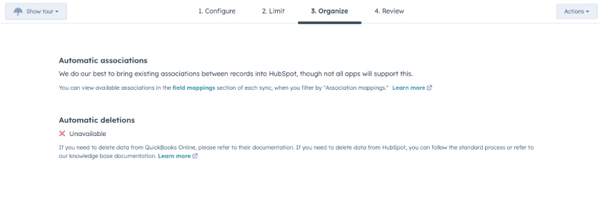 Screen where you can organize your data before syncing between QuickBooks Online and HubSpot.