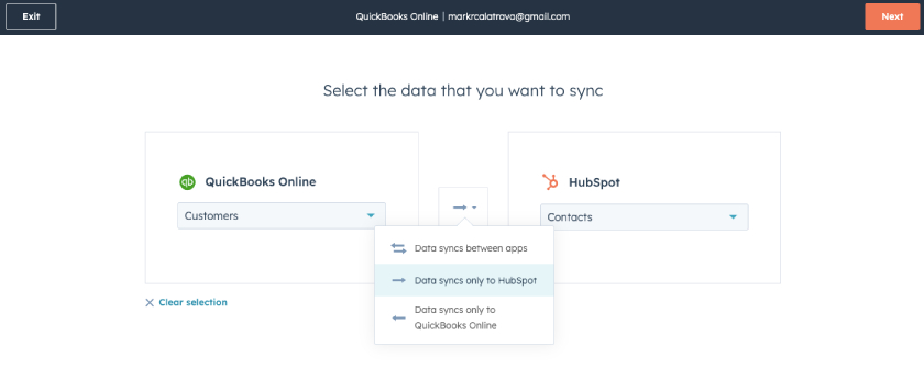 Screen where you can configure your data before syncing between QuickBooks Online and HubSpot.
