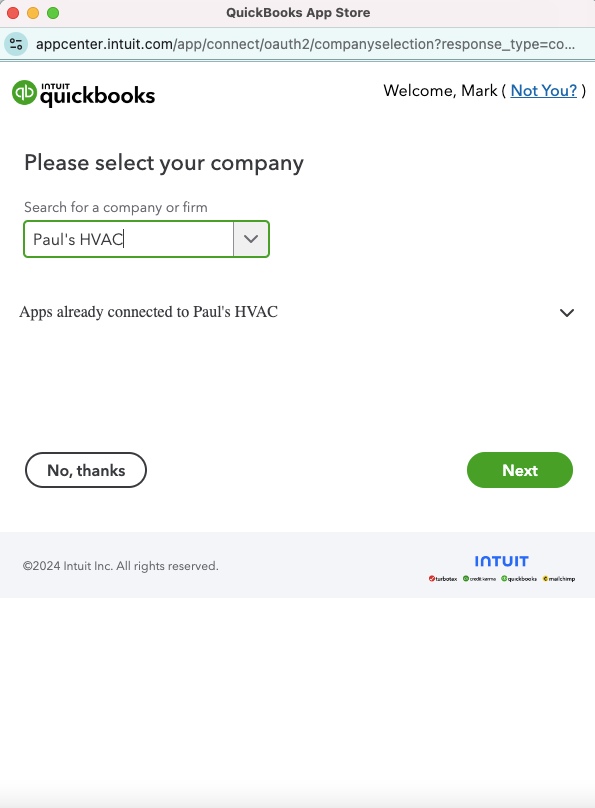 Screen where you can select the QuickBooks Online company to connect to HubSpot.