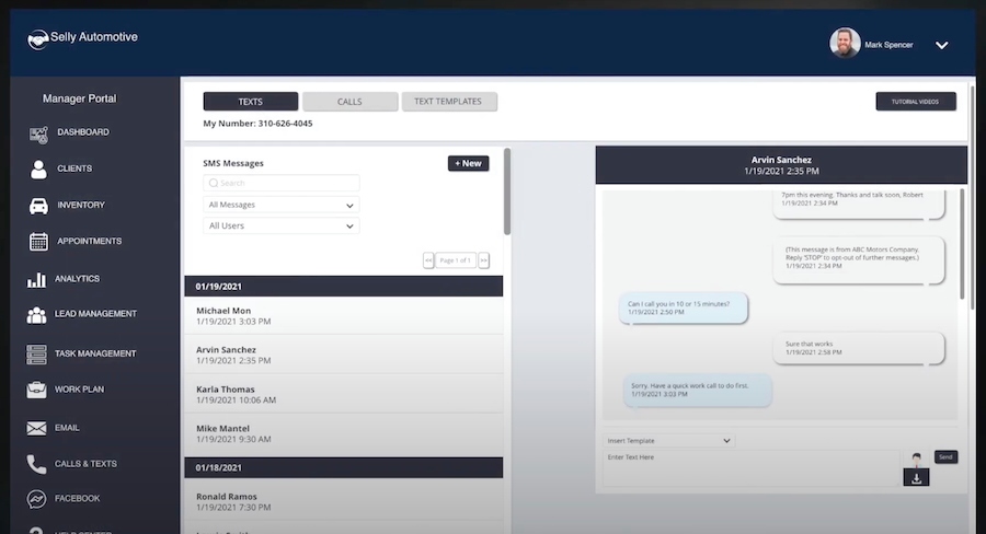 Selly Automotive's Manager Portal showing automated text message responses and the option to insert a text template in a customer conversation.