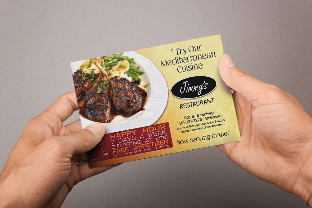 A sample postcard advertising a steak restaurant.