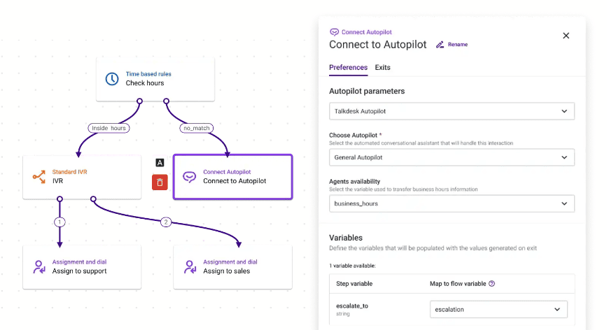 Connecting the IVR system to artificial intelligence features using the Talkdesk Autopilot.