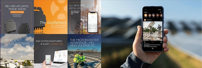 Social media ads by Thrive Marketing for solar micro-inverter manufacturer APsystems depict a series of tiles with images from various ads with images of their inverter products, a solar installer on a roof, and a featured shot of the inverter's control app on a phone held in a hand.