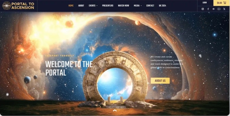 Portal to Ascension homepage by Thrive Marketing showing a large circular stone portal in front of an arching celestial nebula with the headline "Welcome to the Portal".