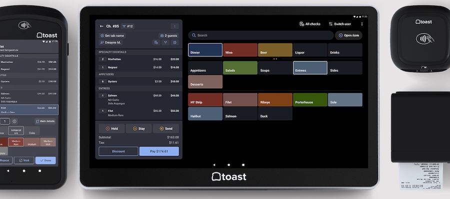 Toast's handheld POS and its POST terminal showing Toast's tableside service options.