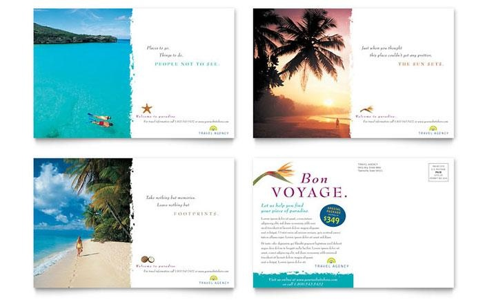 Sample postcard layouts for a travel agency with a traditional postcard design.