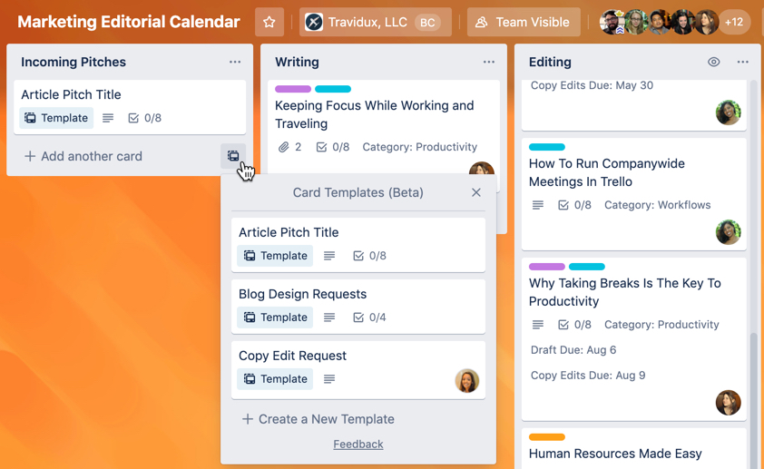 Trello card template with the workflow for pitching, designing, and writing a blog post.