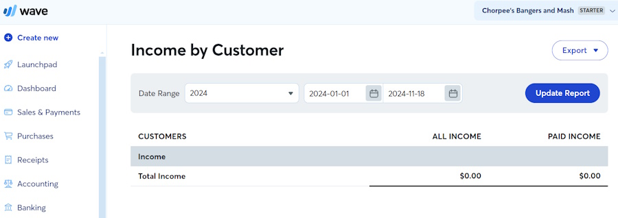 Wave Payments Income by Customer report page.