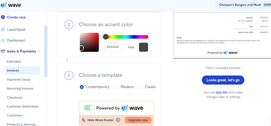 Wave Payments custom invoice creation page.