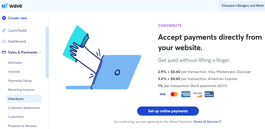 Wave Payments online checkout setup page.