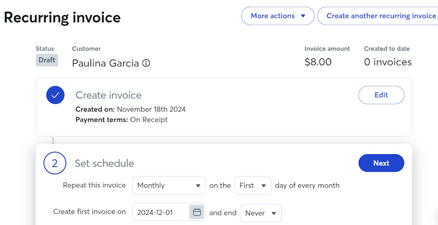 Wave Payments recurring invoice details.