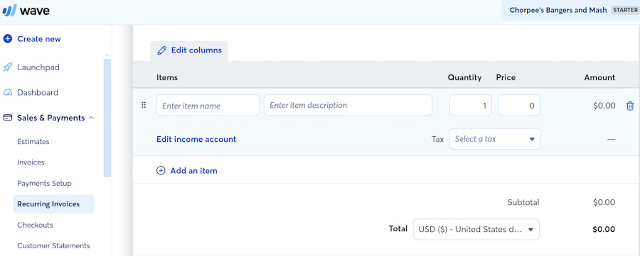 Wave Payments recurring invoice page.