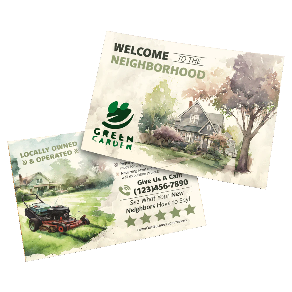 Sample "welcome to the neighborhood" postcards from a landscaping business.