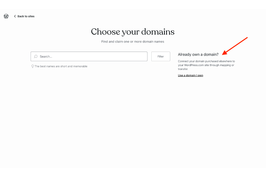 The screen for choosing your domain to connect to WordPress.