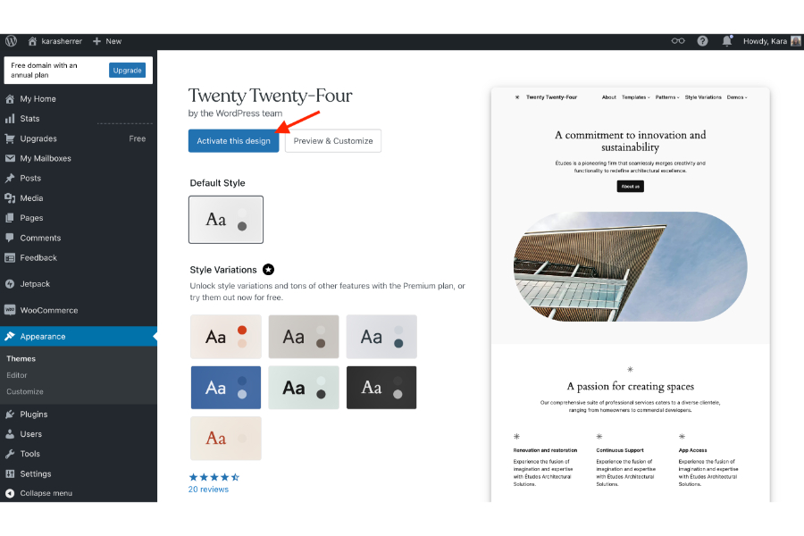 The overview of the WordPress theme "Twenty Twenty-Four" with the button to select it.