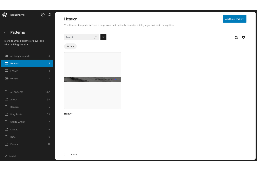 The Header tab under the "Patterns" menu in WordPress.