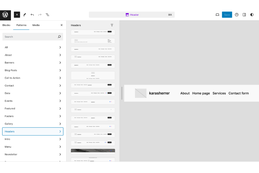 Various header and footer templates inside WordPress's editor.