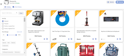 Workhub rewards catalog with filter buttons at the left side of the screen and pictures of various items with the required points.