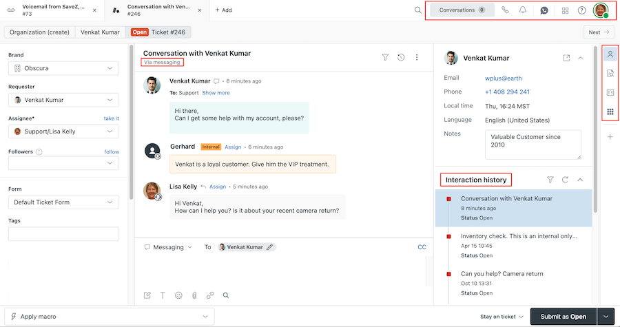 Zendesk's sample ticket with conversation history on the Agent Workspace