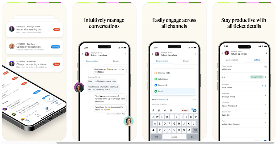 Several iPhone devices showing the key features of the Zendesk Support mobile app