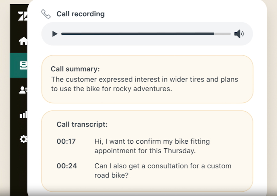 Zendesk's AI-powered Talk for Voice tool automatically summarizing and transcribing a call